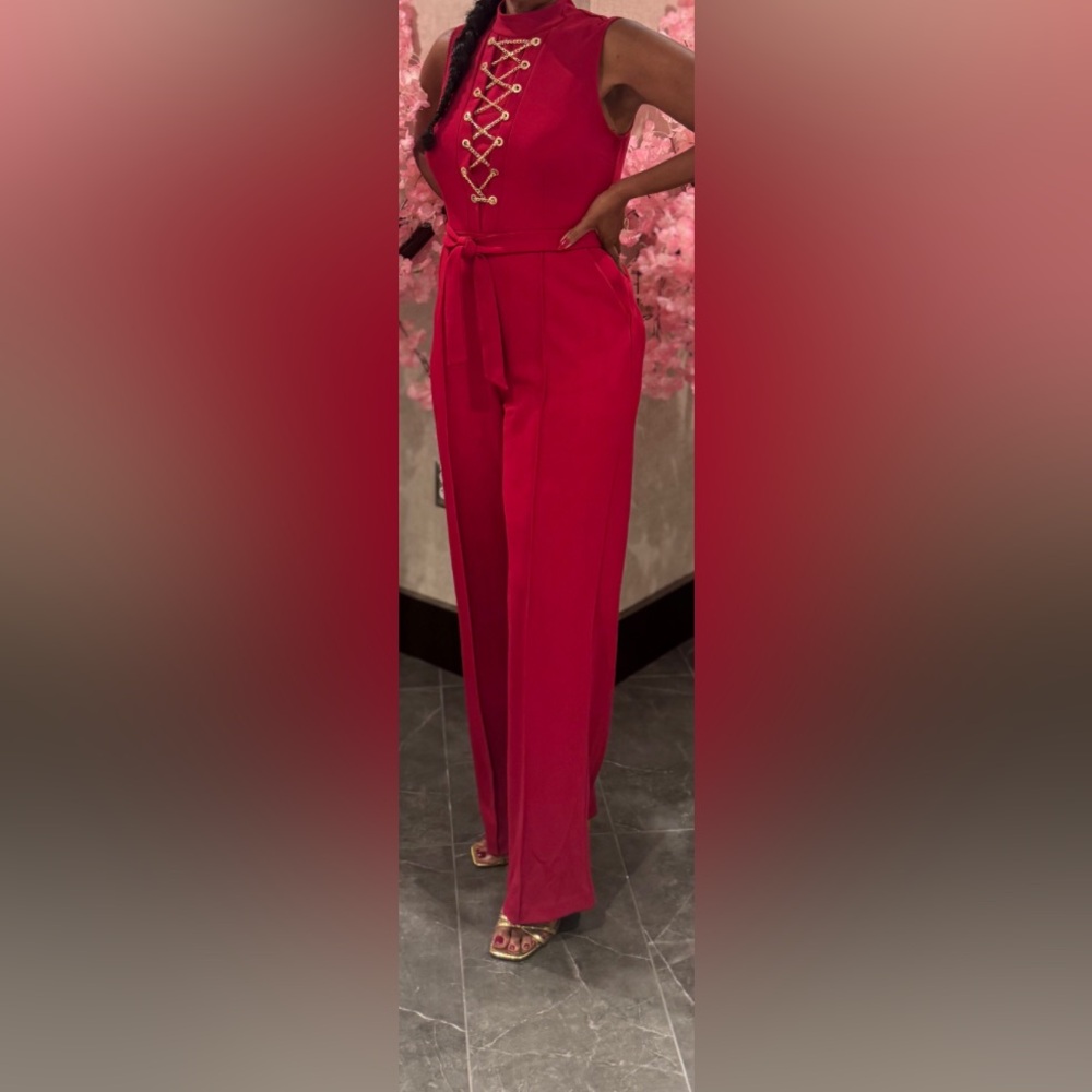 BOLD elements Red Pleated Tie Front Jumpsuit